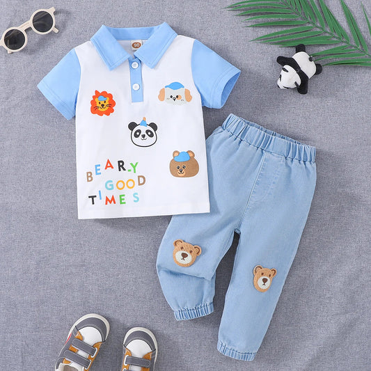Baby Boy Summer Casual Animal Print Polo Shirt + Jeans Two-Piece Set Infant Clothing Outfit