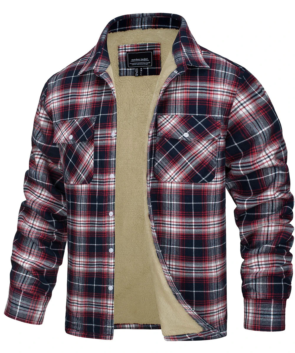 Fleece Lining Jackets Mens Flannel Cotton Jackets Plaid Casual Button Down Cargo Work Coats Thicken Outwear Man Tops