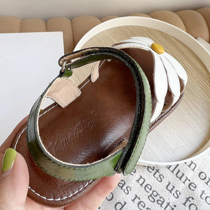 Girl's Sandals Hollow-out Solid Fashion Color Flower Leather Kids Sliders Open Toe Light Sweet Hook-loop Summer Children Shoe