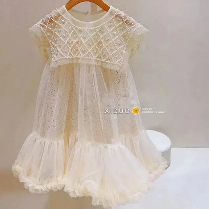 2024 Novo Vestido de Princesa para Meninas, Casual, Primavera, Verão, Roupas Infantis, Vestidos Infantis de Pérolas no Pescoço, Vestido de Fio da Moda