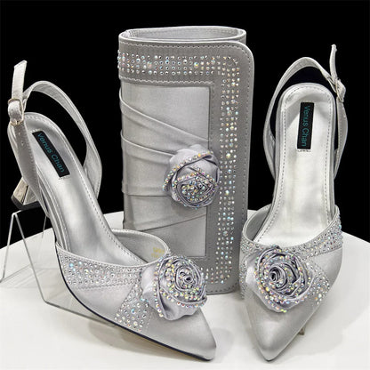 Elegant Rhinestone-Embellished Brown Heeled Shoes and Handbag Set for Women with Floral Decoration – Perfect Small Size Fashion