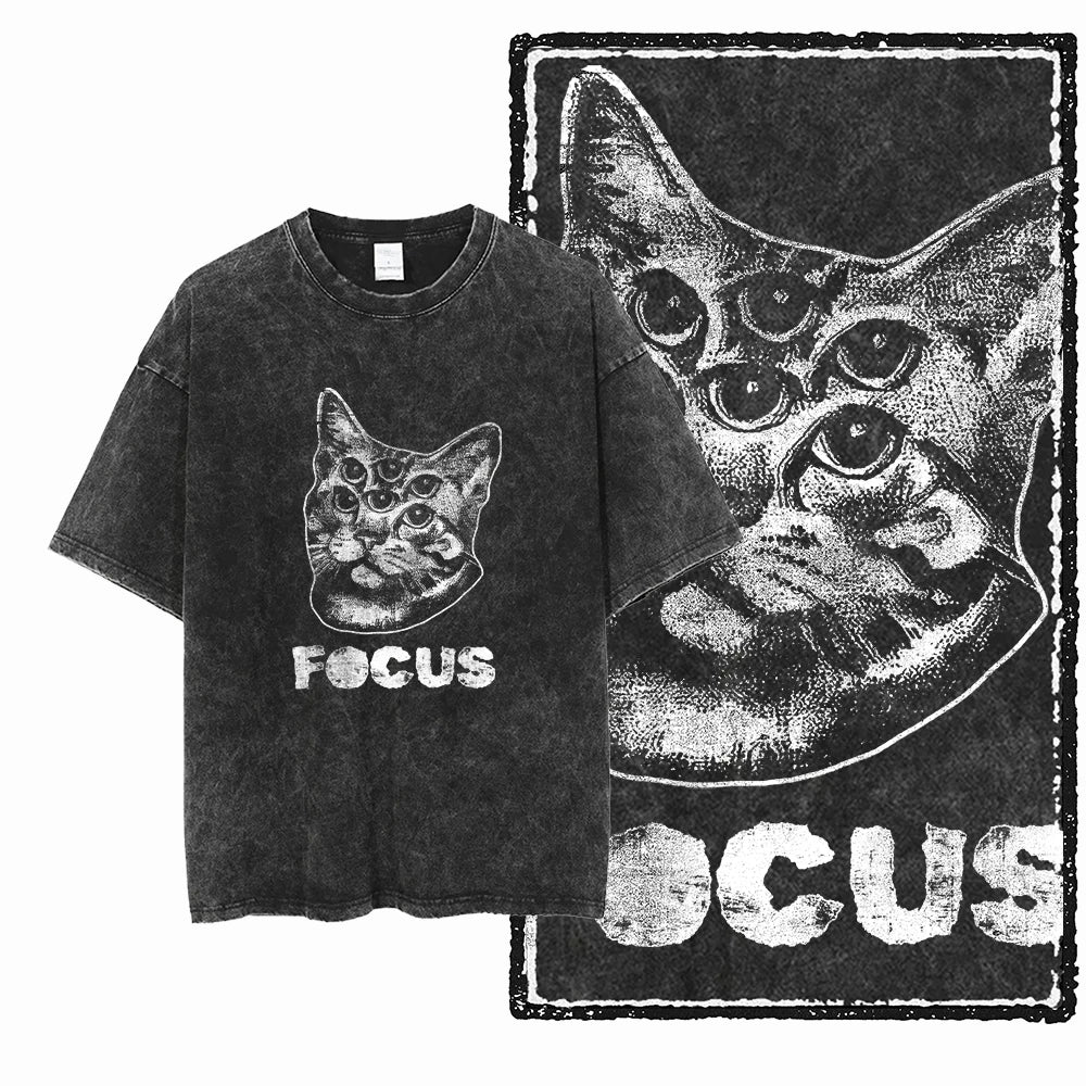 cat Printed Cotton Acid Washed Exclusive Graphic Unisex T Shirt Cool Streetwear Men Tshirts Big Size Tee for men