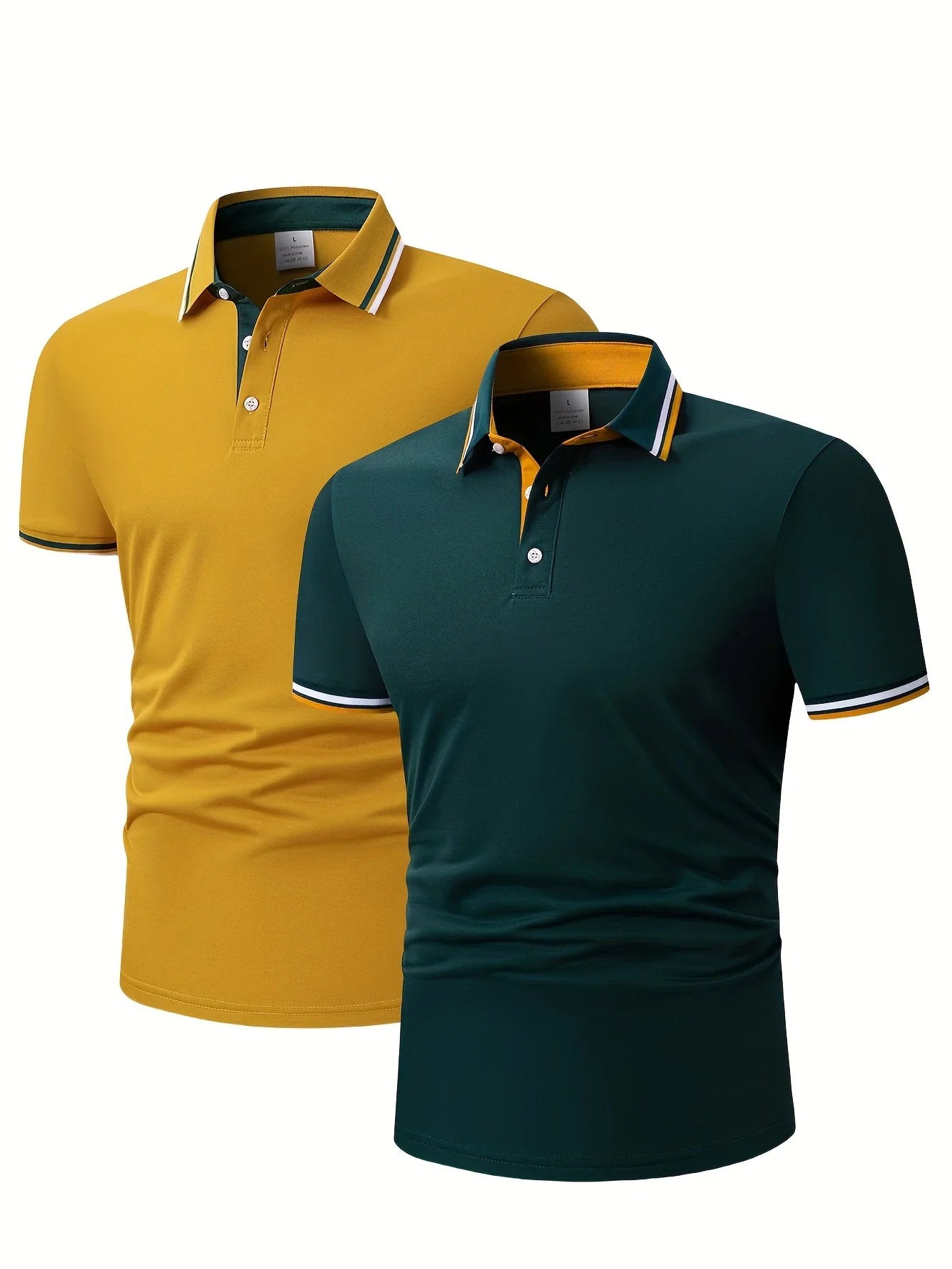 2pcs Men's Short-Sleeve Shirts with Contrast Collars - Lightweight Polyester, Pastel Blue & Pink, Turn- Collar, Button Closure,