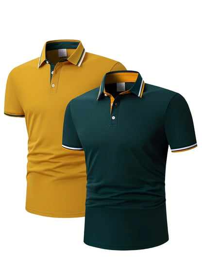 2pcs Men's Short-Sleeve Shirts with Contrast Collars - Lightweight Polyester, Pastel Blue & Pink, Turn- Collar, Button Closure,