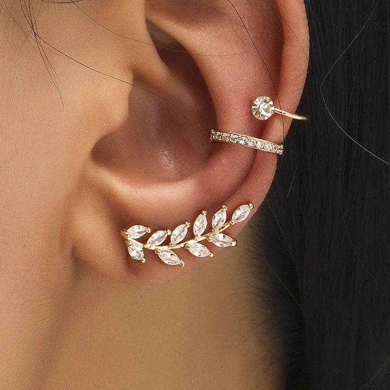 Fashion Exquisite Crystal Zerconia Ear Cuff Earrings for Woman Non Piercing Leaf Clip Earrings Christmas Jewelry Gift