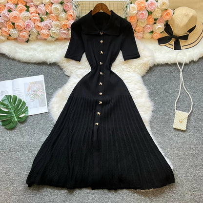 Fashion Vintage Turn-down Collar Knit Maxi Dress Elegant Single-breasted A-line Long Shirt Dress Lady Vestidos