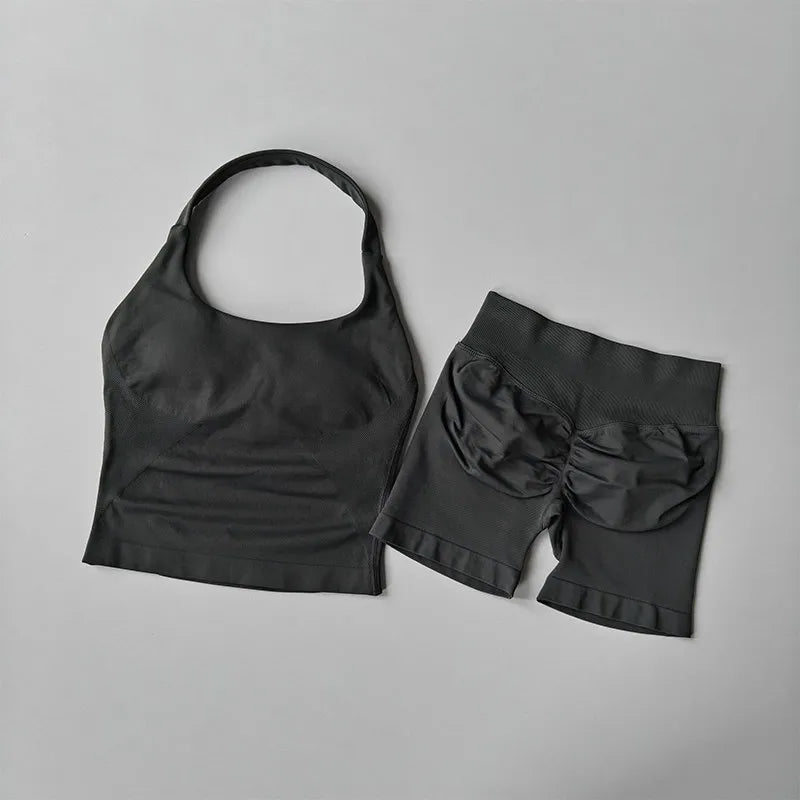 Seamless Halter Neck Yoga Wear Two Piece Women's Push up Sports Bra High Waist Tummy Control Butt Lift Fitness Shorts Set