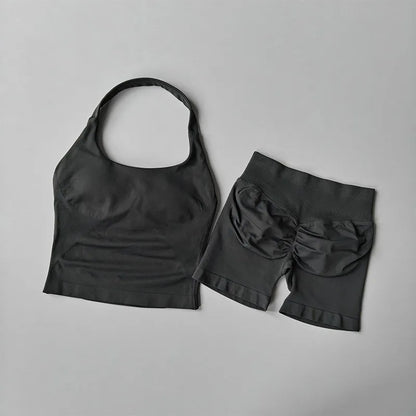 Seamless Halter Neck Yoga Wear Two Piece Women's Push up Sports Bra High Waist Tummy Control Butt Lift Fitness Shorts Set