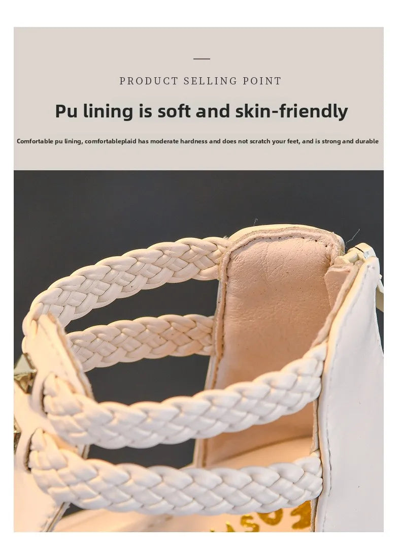 2026 Summer Gladiator Children Sandals Girl Soft Princess Shoes Retro Black Roman Sandal Outdoor Braided Shoe White Kids Shoes