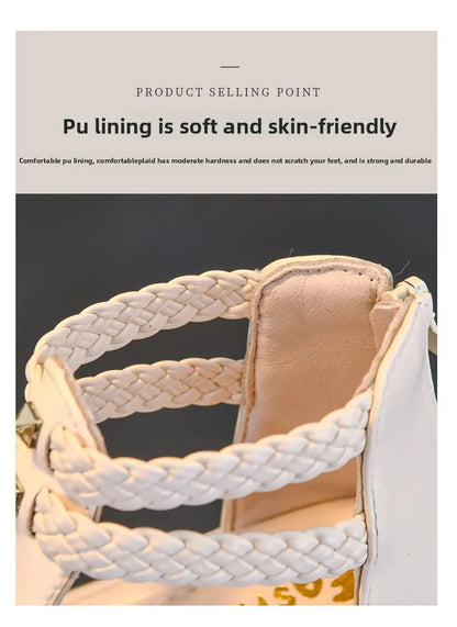 2026 Summer Gladiator Children Sandals Girl Soft Princess Shoes Retro Black Roman Sandal Outdoor Braided Shoe White Kids Shoes