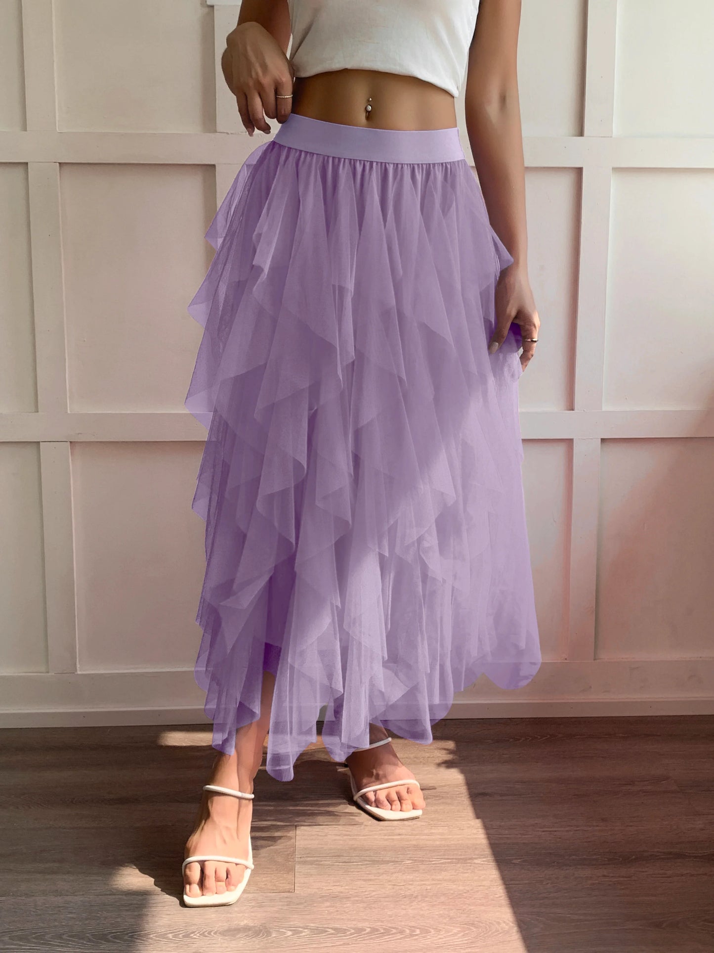 Medium waist chiffon long skirt for women, irregular layered pleated edge layered cake skirt, elegant fairy A-line skirt