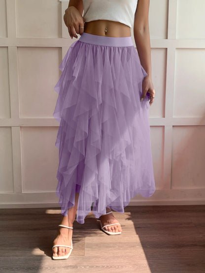 Medium waist chiffon long skirt for women, irregular layered pleated edge layered cake skirt, elegant fairy A-line skirt