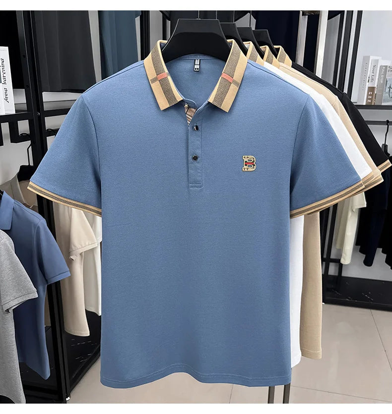 Summer men's light luxury brand letter printed short sleeved T-shirt Polo shirt breathable striped collar business casual top