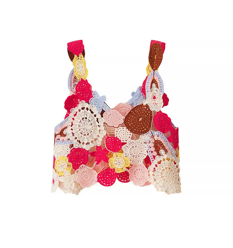 Multicolor Floral Crochet Crop Top Women's Cami Tank Sleeveless Open-work Vest Boho Chic Summer Festival Outfit