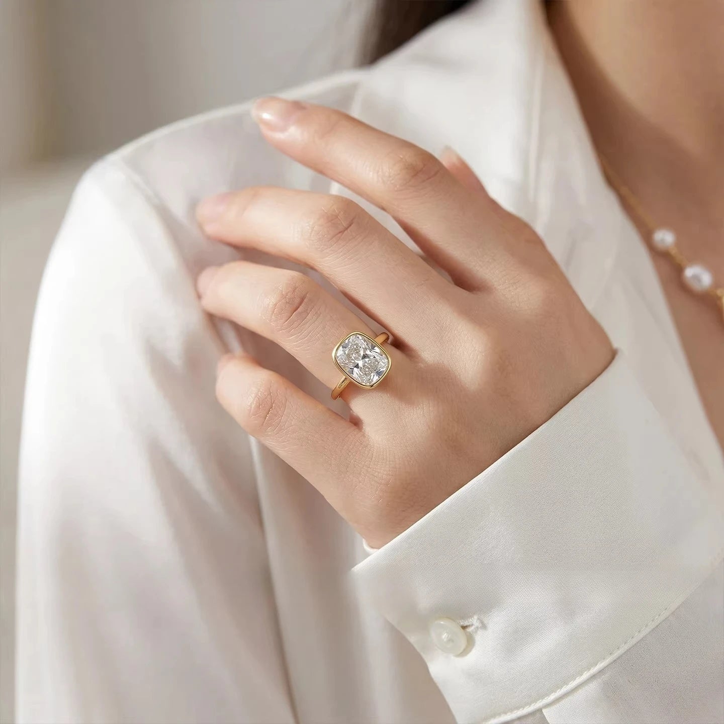S925 Silver 8 * 11mm Fat Square White Zircon Ice Flower Cutting Ring Set with Classic Commuter Women's Jewelry