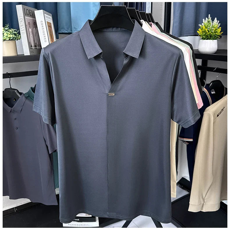 High quality ice silk short sleeve T-shirt men's lapel top trendy brand design cool silky breathable summer casual polo shirt