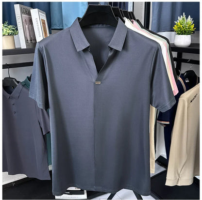 High quality ice silk short sleeve T-shirt men's lapel top trendy brand design cool silky breathable summer casual polo shirt