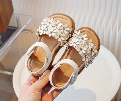 Little Girls Floral Bohemian Sandals with Beads Princess Sweet Kids Summer Shoes Open Toes Anti-skid Size 22-31Hook & Loop Cute