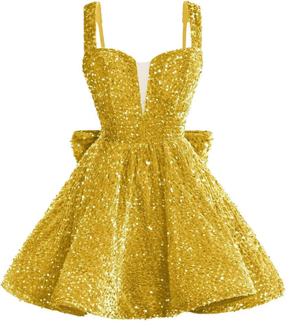 Sparkly Sequin Homecoming Dresses 2026 Short Spaghetti Straps V Neck Cocktail Party Gowns with Bow  Mini Dress Graduation Dress