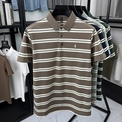 2026 New Men's Summer Short Sleeved Lapel Striped Polo Shirt, Business Casual Cool T-shirt