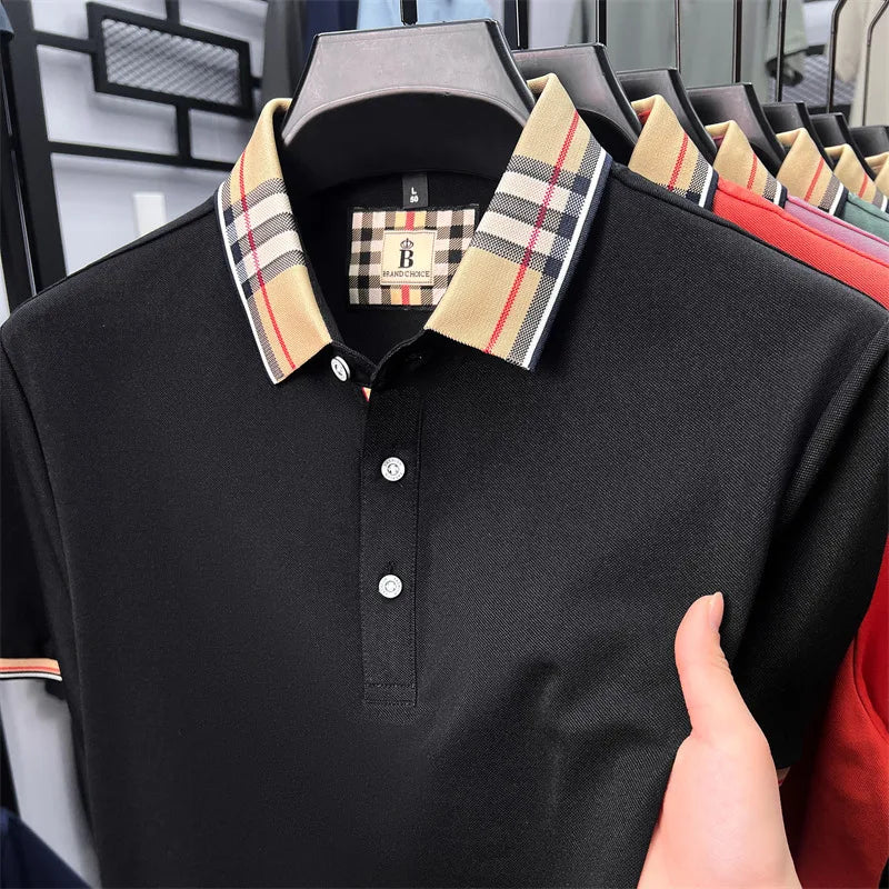 Fashion brand luxury short sleeve polo shirt men summer quality silky cotton breathable business casual striped collar T-shirt