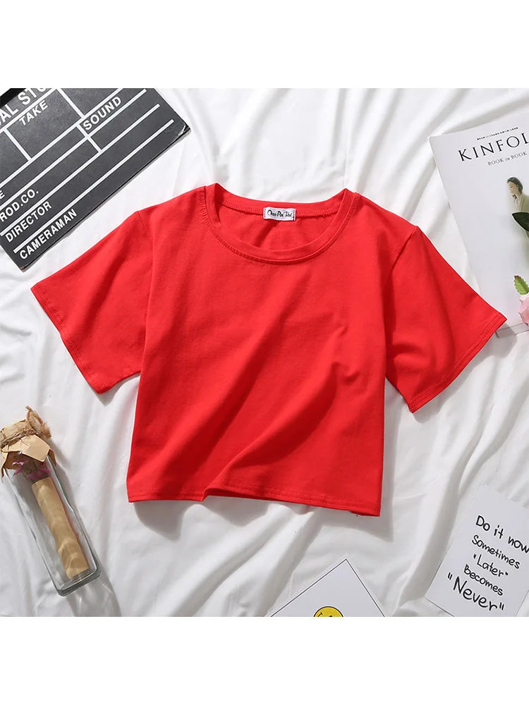 Summer Short Sleeve T Shirts Women  Solid T-shirt O Neck High Waist Crop Top Tee Female Casual Loose T Shirt