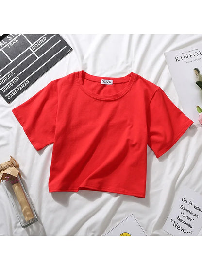 Summer Short Sleeve T Shirts Women  Solid T-shirt O Neck High Waist Crop Top Tee Female Casual Loose T Shirt