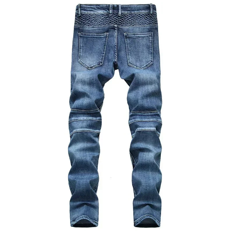 Calça Jeans Masculina Nova Casual Moto Hip Hop Rua Equitação Elástica Slim Reta Patchwork Moda Calças Jeans Masculinas