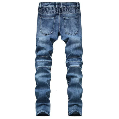 Calça Jeans Masculina Nova Casual Moto Hip Hop Rua Equitação Elástica Slim Reta Patchwork Moda Calças Jeans Masculinas
