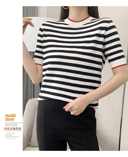 Summer Women's O-Neck Striped 100% Cotton Short Sleeve T-Shirt With Loose Pullover Casual Knit Top High Quality 5 Sizes