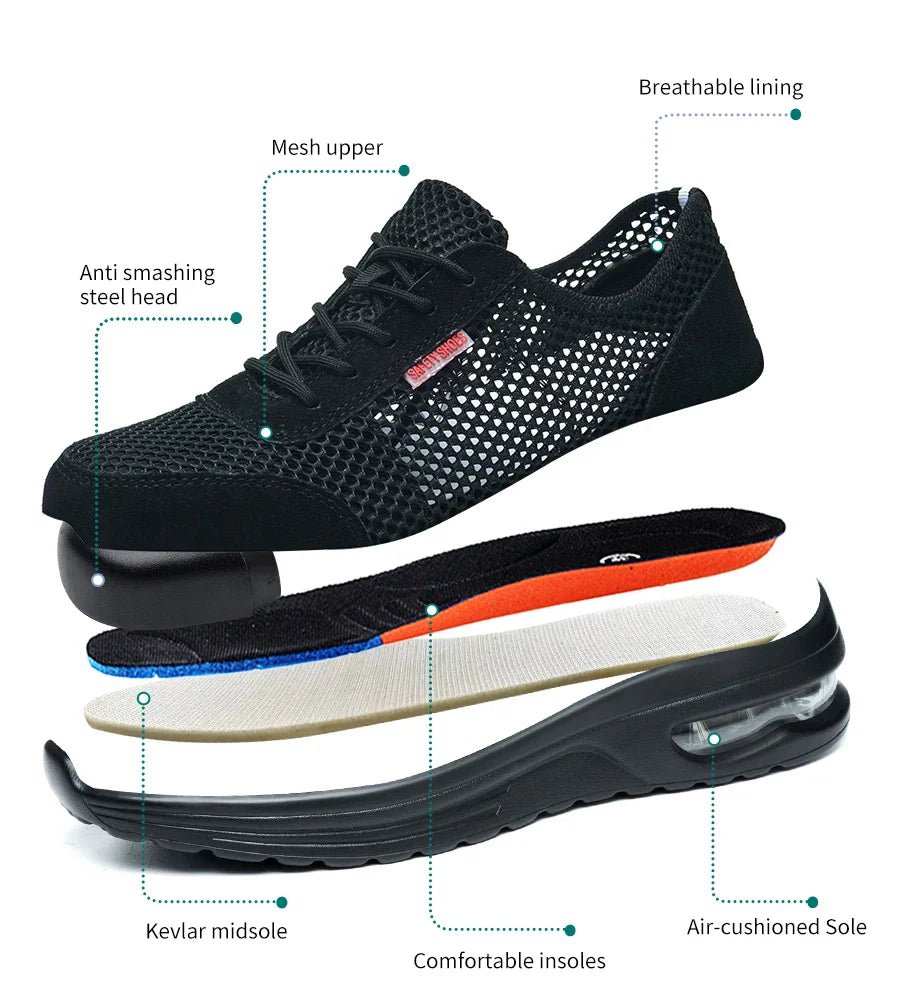 Men's Summer Steel Toe Safety Shoes Anti-Crush And Piercing Breathable Lightweight Outdoor Pure Black Work Shoes