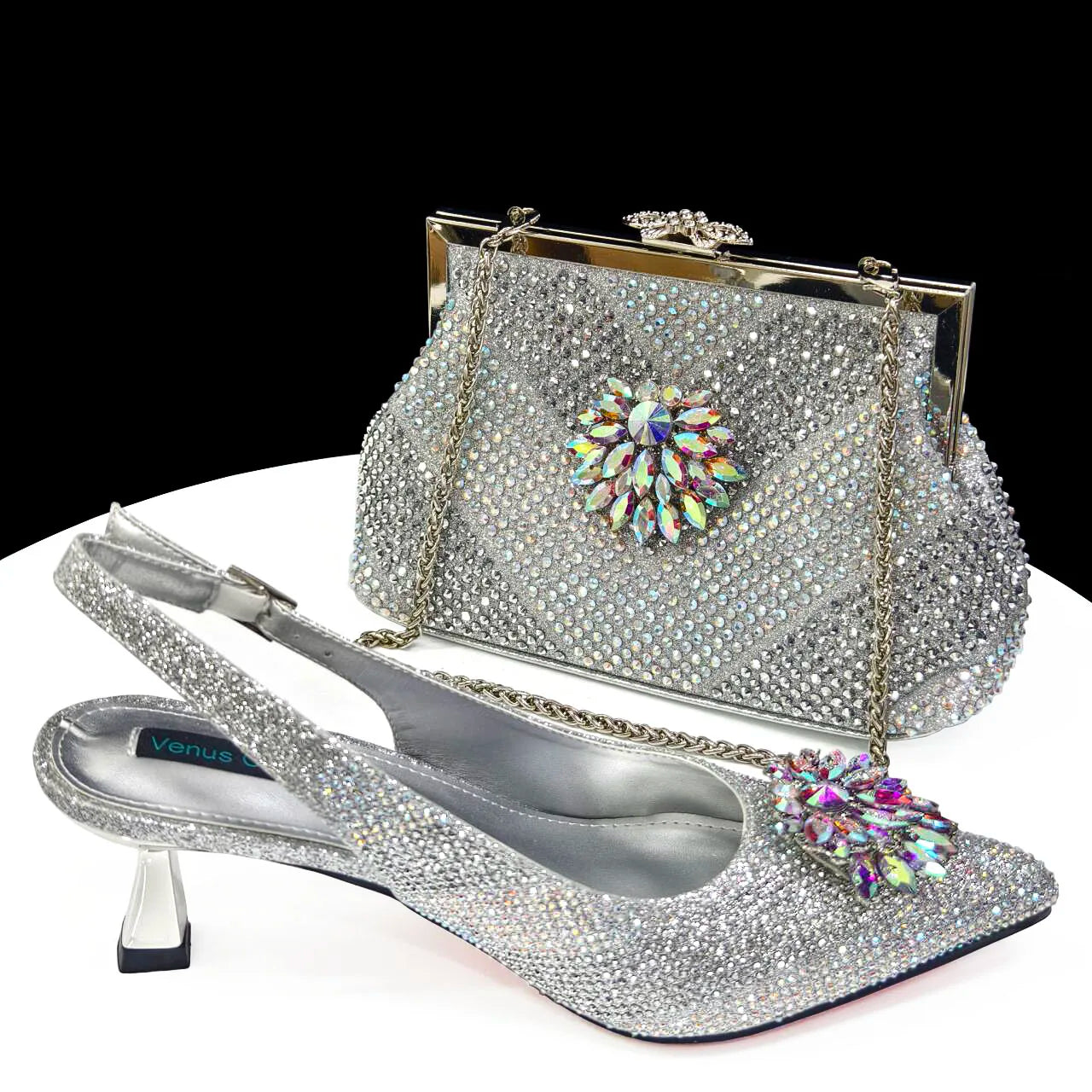 Italian Design Rhinestone Luxury Wine Colour Pointed Toe Shoe & Bag Set Women's High Heels for Parties