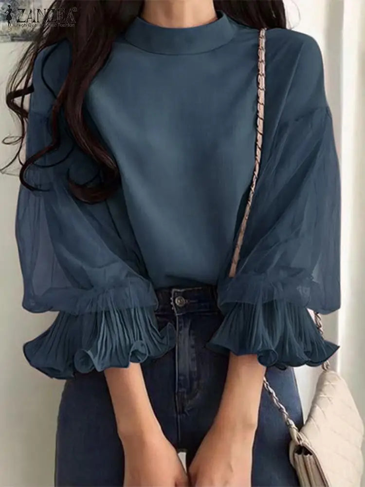 Women Elegant Party Blouse Chic Mesh Ruffle 3/4 Sleeve Tops 2025 Autumn Designer Stand Collar Shirts Korean Loose Tunics