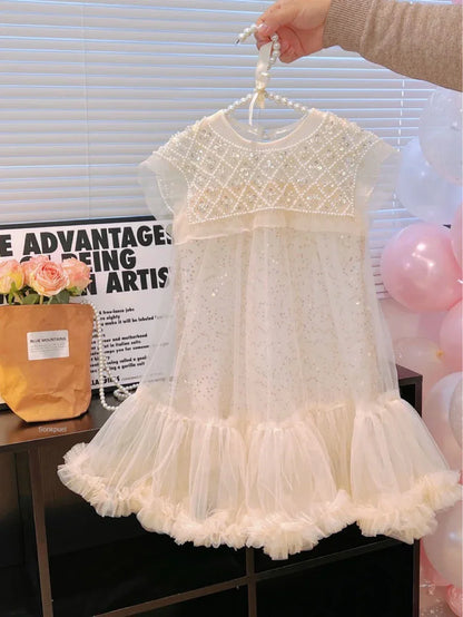 Girls Tulle Super Fairy Princess Dresses Fly Sleeve Rainbow Star Sequined Cake Dress Children Mesh Puffy Birthday Party Vestidos