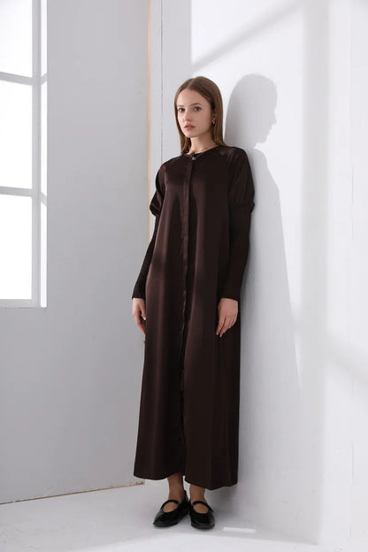 woman clothing satin dress button down design smocking sleeve maxi dress ( Ship out in 1 day)