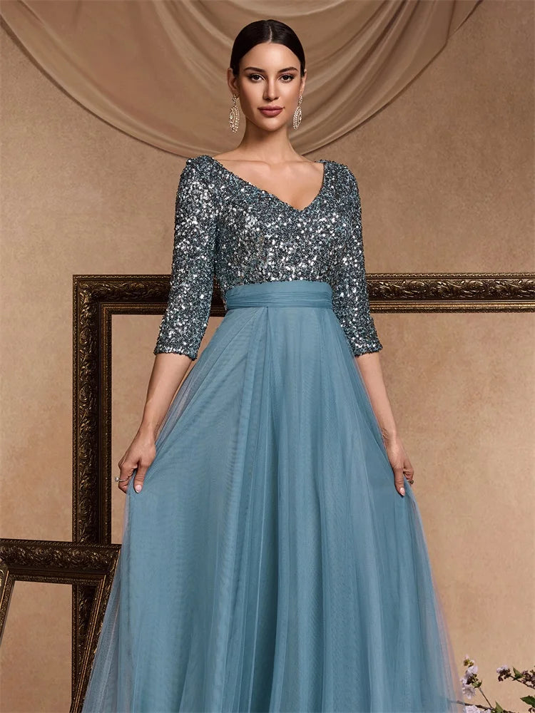 Luxury Floor Length V-Neck Evening Dress 2025 Women Elegant Party Maxi Dress Sequin Short Sleeves Prom Cocktail Gown