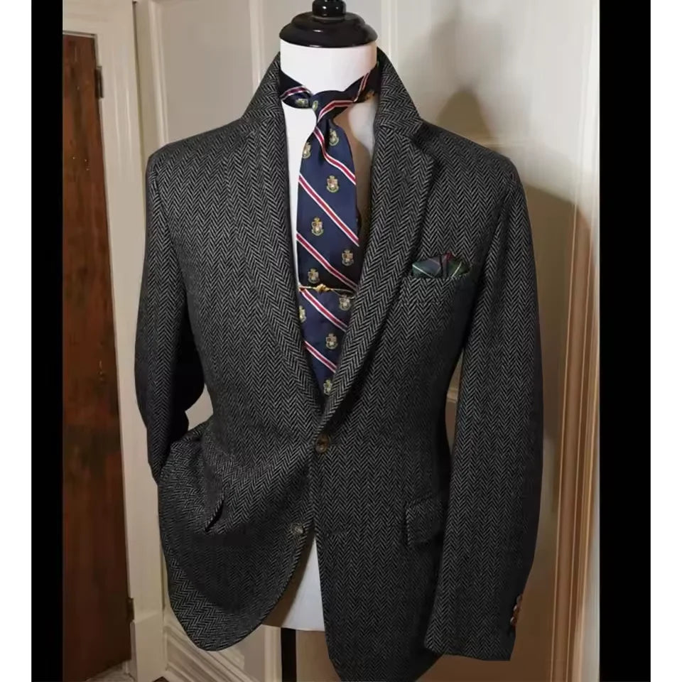 Men's Herringbone Tweed Blazer Vintage British Slim Fit Suit Jacket Wool Blend Formal Coat with Pocket Square Wedding Casual