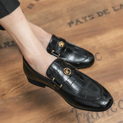 Men Metal Decor Crocodile Embossed Slip On Dress Loafers, Leisure Burgundy Dress Shoes