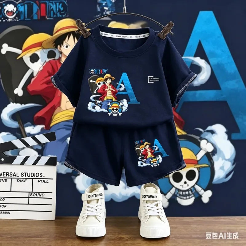 One Piece Boy Girl T-shirt Set Cartoon Tees Anime Letter Print Children Cotton Short Sleeves Shorts 2pcs Set Kids Summer Clothes