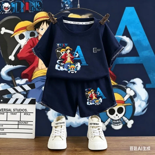 One Piece Boy Girl T-shirt Set Cartoon Tees Anime Letter Print Children Cotton Short Sleeves Shorts 2pcs Set Kids Summer Clothes