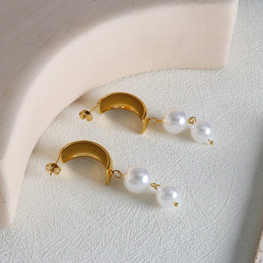 Stainless Steel Tassel Earrings 2 Pearls Dangle Earrings Jewelry