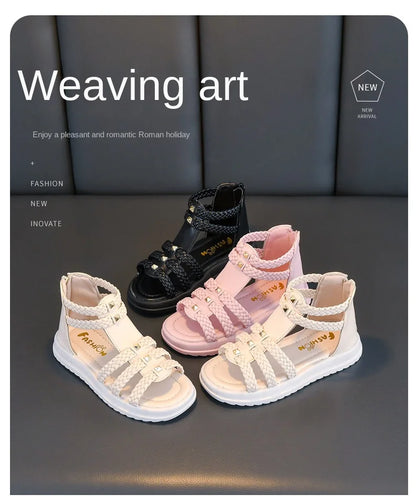 Girls Roman Sandals Open Toe Braided Solid Color High-top Simple Rivets New Summer Hollow Flat Casual Shoes Kids Fashion Casual