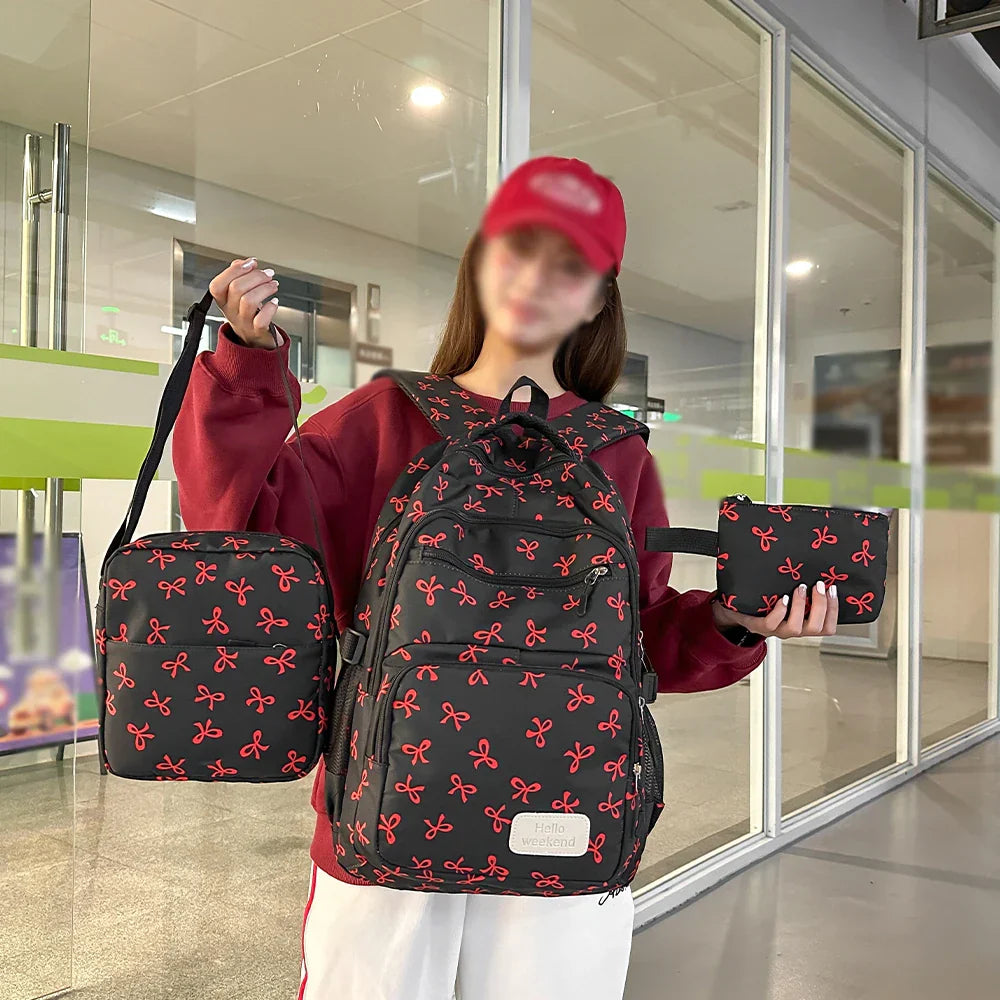 Korean Fashion Bow Print Women's Fashion Backpack Lightweight Simple Student Schoolbag Female Bag Set Three-Piece