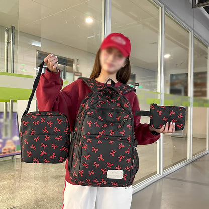Korean Fashion Bow Print Women's Fashion Backpack Lightweight Simple Student Schoolbag Female Bag Set Three-Piece