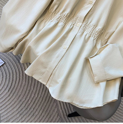 2026 Women's Plus Size Blouse Korean Style Spring Autumn Loose Elegant Casual Mid-length Tops Long Sleeved Waist Cinching Shirts