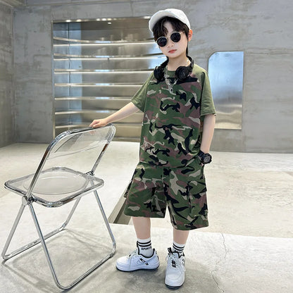 Teenage Boys Summer Camouflage Suit Thin Short-sleeved T-shirt Shorts Suit Children's Casual sports Suit Boys Clothes Sets