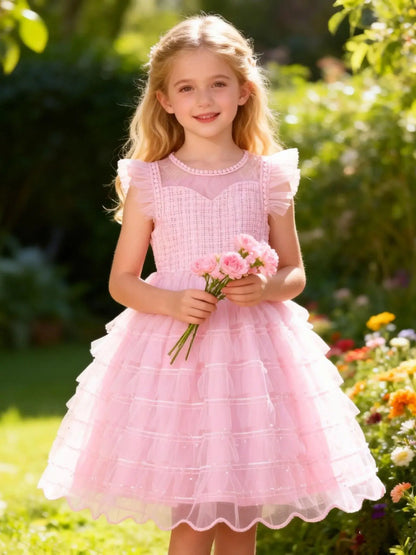 Summer Girls Sweet And Cute Sleeveless Solid Color Cake Fluffy Princess Dress Fashionable Casual Mesh Dress