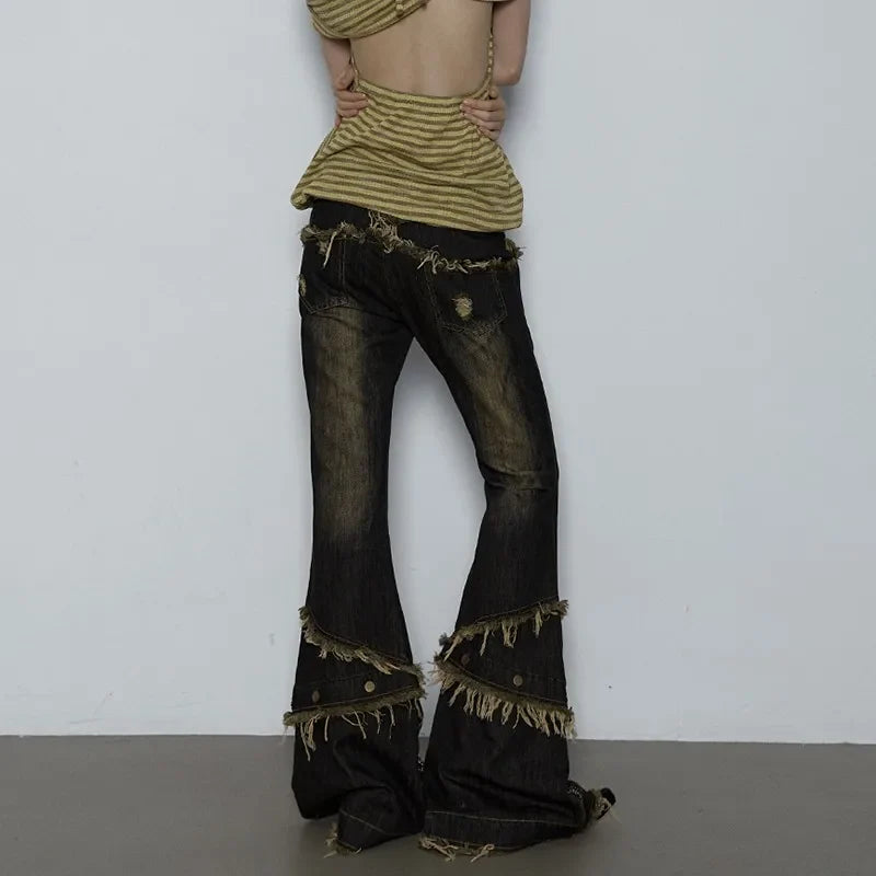 Women Japanese Vintage Tassel Low Rise Flare Denim Pants