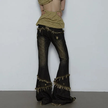 Women Japanese Vintage Tassel Low Rise Flare Denim Pants