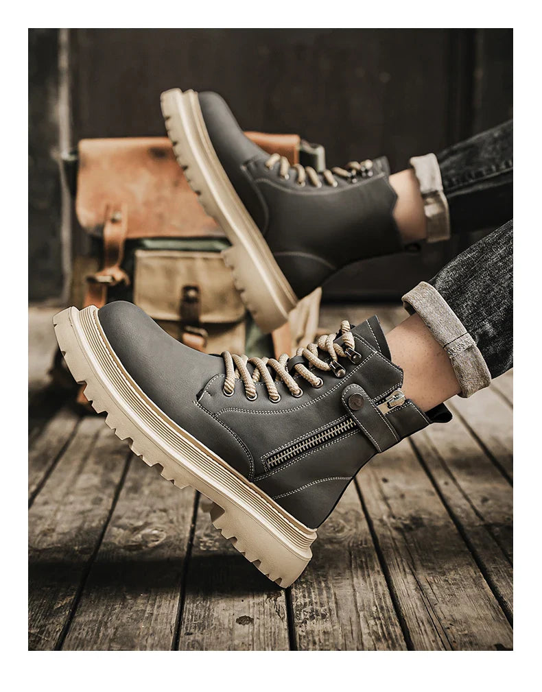 Men's Boots 2024 Autumn Thick Soled Zipper Lace-up Korean Belt Buckle Height Increasing Comfort High Top British Sports Boots